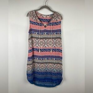 beachlunchlounge Beachy Boho Blue Pink Sleeveless Patterned Dress, Size Large